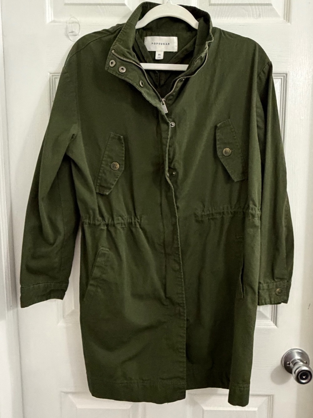 POPSUGAR Olive Green Drawstring Waist Trench Coat. Size medium. $15